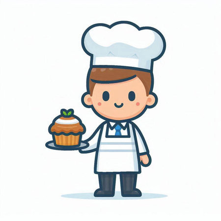 Cute cartoon chef with cupcake. Vector illustration in a flat style.のイラスト素材