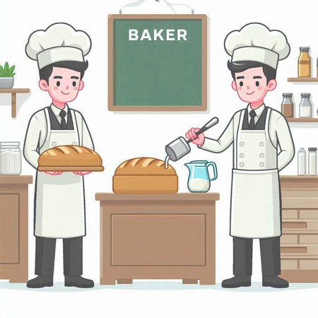 Baker in the bakery. Vector illustration of a cartoon character.のイラスト素材
