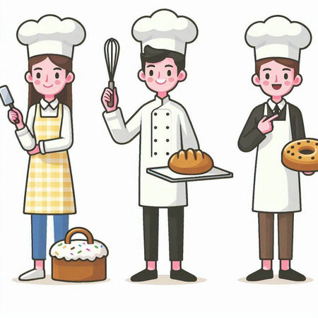 Illustration of a set of cartoon chef, cook and baker.のイラスト素材
