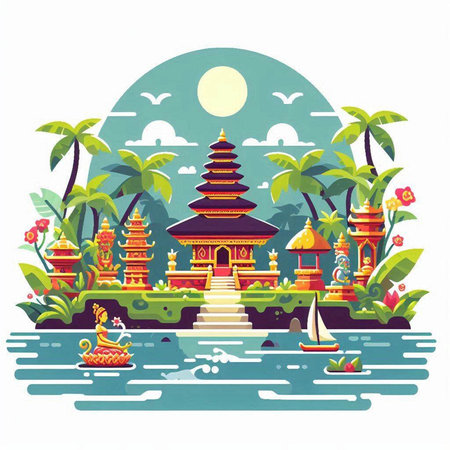 Buddhist temple in the middle of the sea. Vector illustrationのイラスト素材