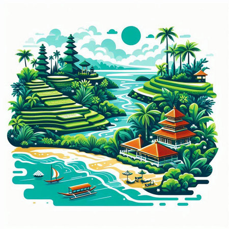 Tropical island with palms and bungalows. Vector illustrationのイラスト素材