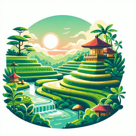 Terraced rice field in Bali, Indonesia. Vector illustration.のイラスト素材