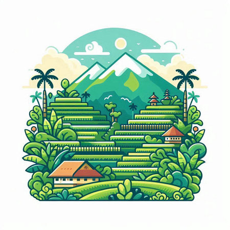 Vector illustration of a landscape with a mountain, palm trees, a house and a house in the jungle.のイラスト素材