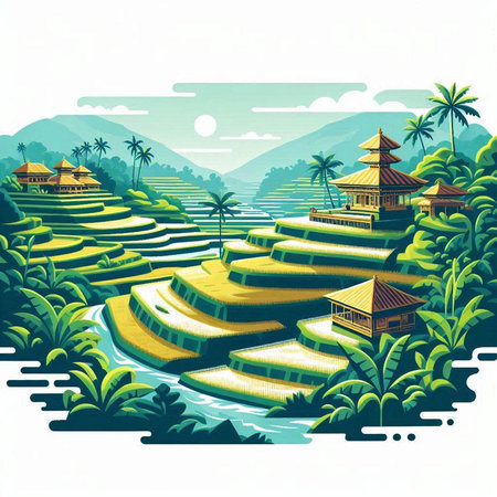 Terraced rice fields in Bali, Indonesia. Vector illustration.のイラスト素材