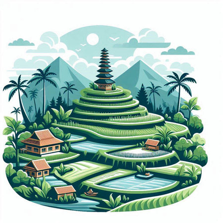 Vector illustration of a tropical island with a pagoda and palm treesのイラスト素材