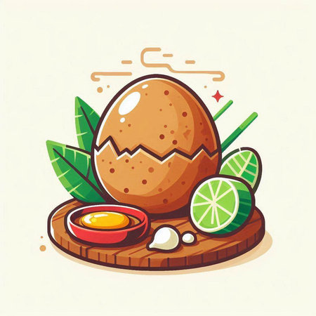 Boiled egg on a wooden board with lime and salt. Vector illustration.のイラスト素材