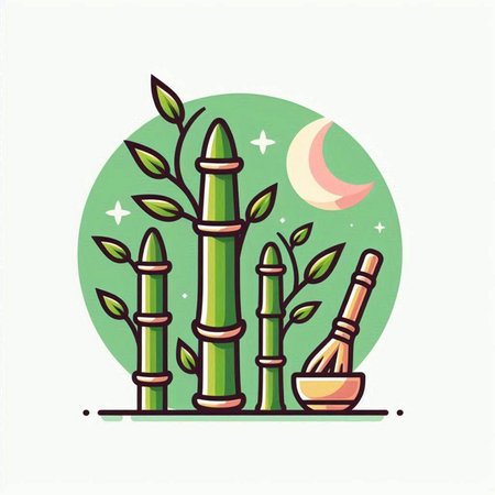 Bamboo and crescent moon vector illustration. Bamboo and crescent moon icon.のイラスト素材