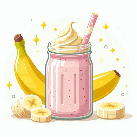 Banana smoothie in a glass jar with a straw. Vector illustrationのイラスト素材