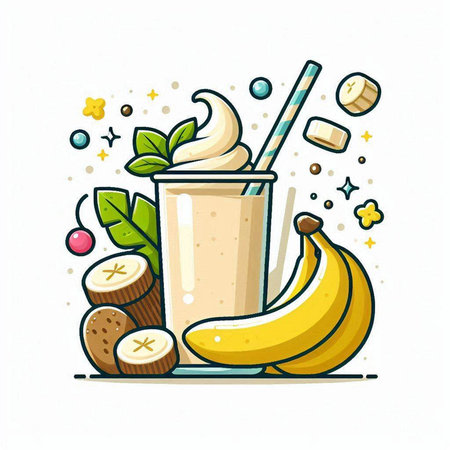 Banana milkshake with whipped cream and fresh fruits. Vector illustration.のイラスト素材