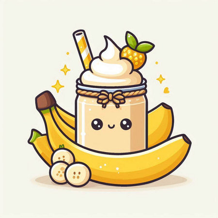 Banana smoothie with whipped cream and fresh bananas. Vector illustration.のイラスト素材