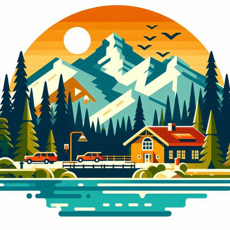 Vector illustration of a mountain landscape with a house on the lake.のイラスト素材