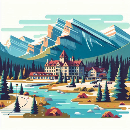 Mountain landscape with lake, forest and houses. Vector illustration.のイラスト素材