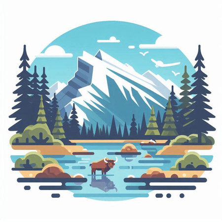 Mountain landscape with lake, forest and bull. Vector illustration.のイラスト素材