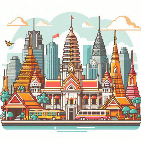 Thailand travel theme. Vector illustration of Bangkok cityscape with landmarks.のイラスト素材