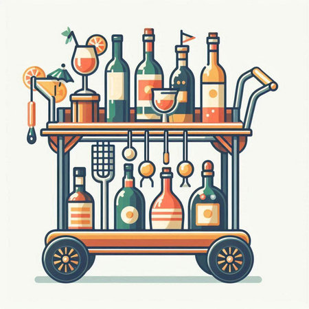 Vector illustration of a bar counter with bottles of wine and cocktails.のイラスト素材