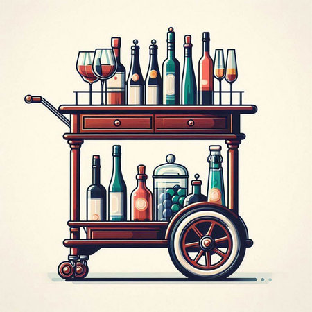 Vector illustration of a wooden cart with bottles of wine and glasses.のイラスト素材