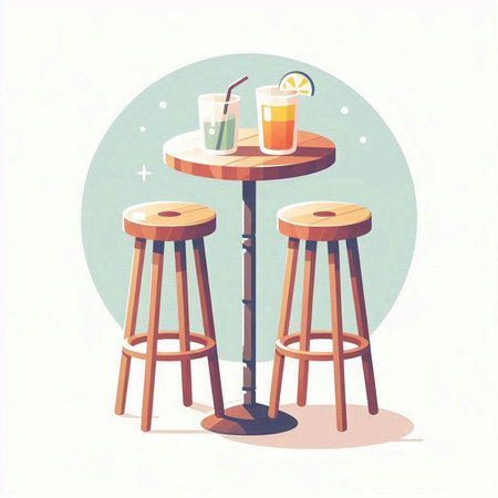 Cafe bar table and chairs. Vector illustration in flat style.のイラスト素材