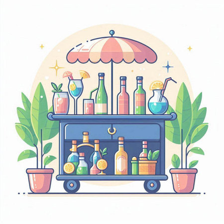 Cocktail bar with bottles and glasses. Flat vector illustration.のイラスト素材
