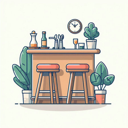 Restaurant bar interior. Bar counter with chairs, table and plant. Flat vector illustration.のイラスト素材