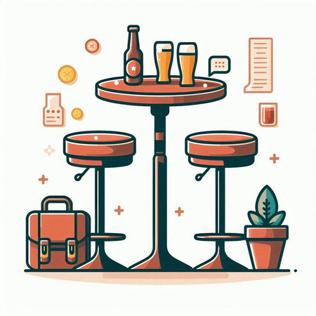 Vector illustration of a bar table with glasses of beer, a briefcase and a cup of coffee.のイラスト素材