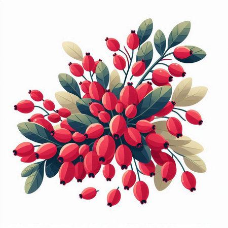 Vector illustration of red rosehip berries with leaves isolated on white background.のイラスト素材