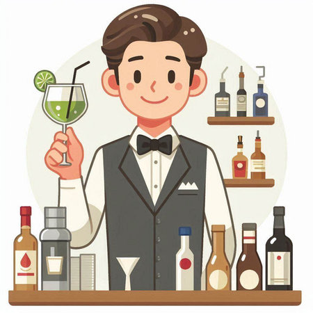 Barman with a cocktail in his hands. Vector illustration in flat styleのイラスト素材