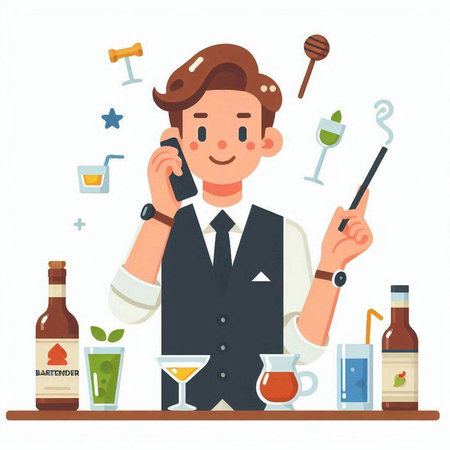 Bartender at the bar talking on the phone. Vector illustrationのイラスト素材