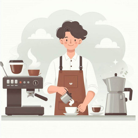 Coffee making. Vector illustration in flat cartoon style. Barista with coffee machine.のイラスト素材