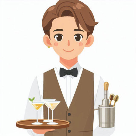 Illustration of a bartender holding a tray with a cocktail and a whiskのイラスト素材