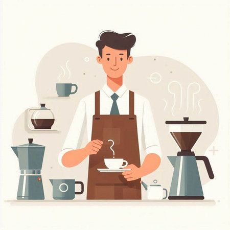 Coffee shop, barista making coffee. Vector illustration.のイラスト素材