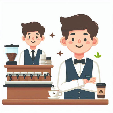 Coffee barista and customer. Vector illustration in cartoon styleのイラスト素材