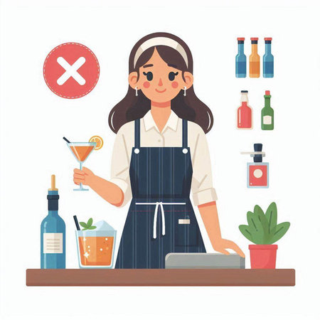 Bartender girl in apron making cocktail. Vector flat illustrationのイラスト素材