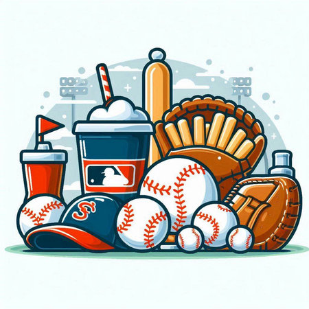 Vector illustration of baseball equipment. Baseball ball, bat, glove, cup of hot drink.のイラスト素材