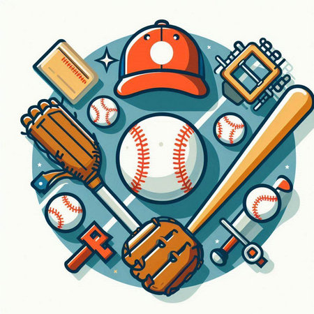 Baseball sport emblem with ball, bat, glove and helmet. Vector illustration.のイラスト素材