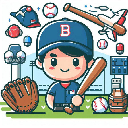Baseball player boy and sport equipment. Vector illustration in cartoon style.のイラスト素材