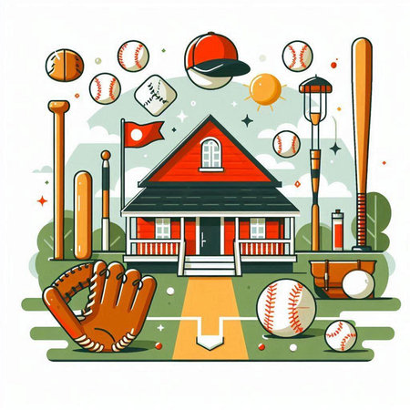 Vector illustration of baseball club with ball, glove, bat and other equipment.のイラスト素材