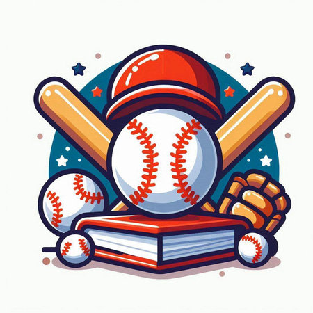 Baseball emblem with ball, bat and book. Vector illustration.のイラスト素材