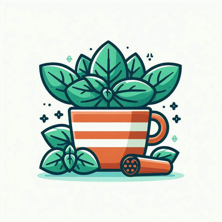 Coffee cup with mint leaves. Vector illustration in flat style.のイラスト素材