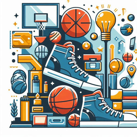 Vector illustration of basketball and basketball equipment. Line art design for web, site, advertising, banner, poster, board and print.のイラスト素材