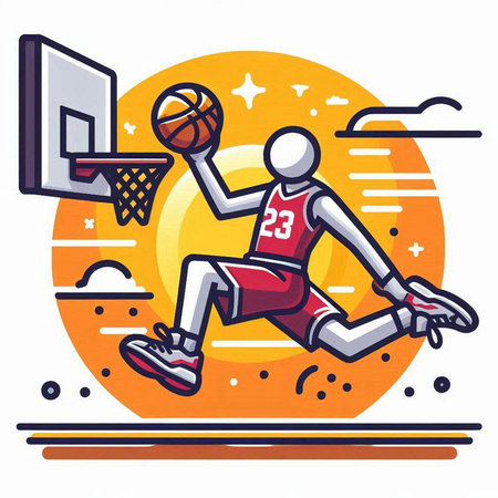 Basketball player in action with ball, hoop and ball. Vector illustration.のイラスト素材