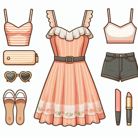 Illustration of a set of women's clothing and accessories on a white backgroundのイラスト素材