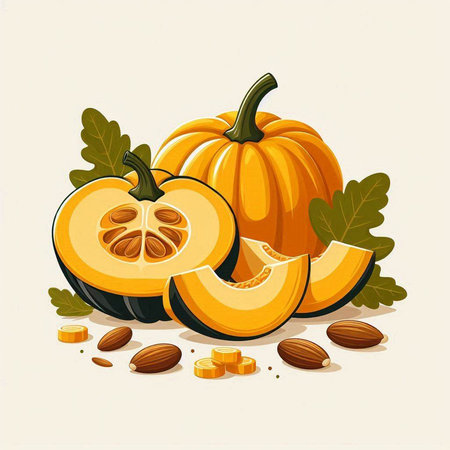 Pumpkin with seeds and nuts. Vector illustration for your designのイラスト素材