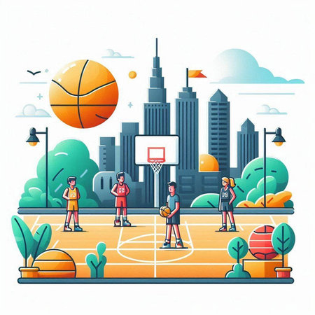 Basketball court with ball and players. Flat style vector illustration.のイラスト素材