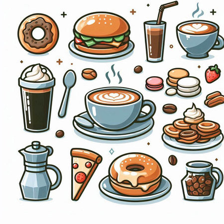 Set of coffee and sweets icons in cartoon style. Vector illustration.のイラスト素材