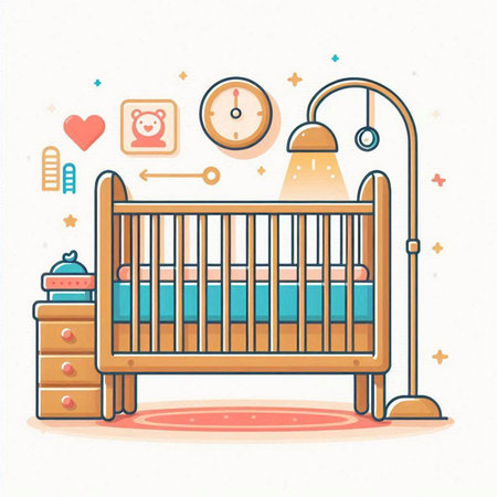 Cute vector illustration of baby room with bed, lamp and clock.のイラスト素材