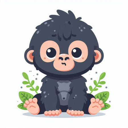 Cute monkey sitting on green leaves. Vector illustration in cartoon style.のイラスト素材
