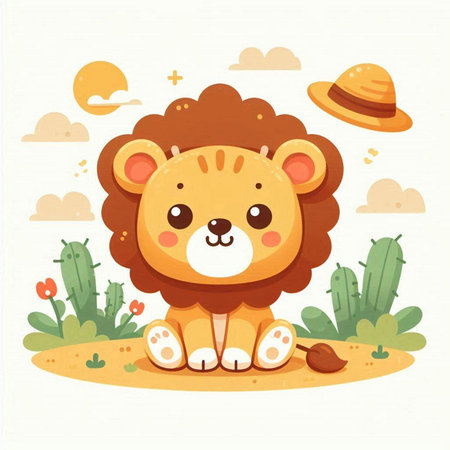 Cute cartoon lion sitting on the ground in the desert. Vector illustration.のイラスト素材