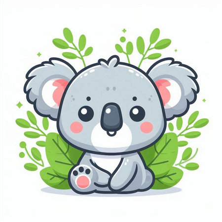 Cute koala with green leaves on white background. Vector illustration.のイラスト素材
