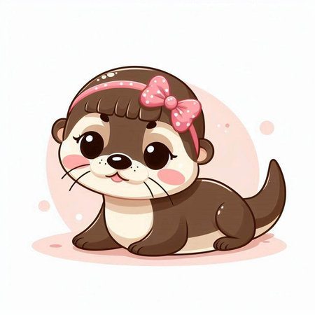 Cute little otter girl with pink bow. Vector illustration.のイラスト素材