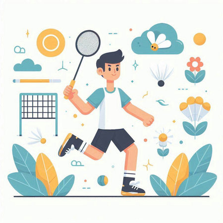 Young man playing badminton. Vector illustration in flat style.のイラスト素材
